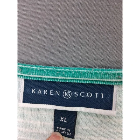 Karen Scott Top Womens XL Green Striped Paisley Rhinestone V-Neck Short Sleeve - Picture 3 of 6